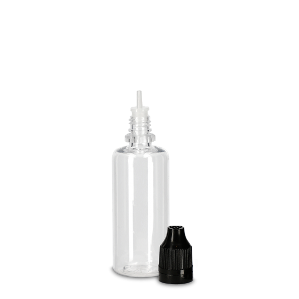 50ml Rundflasche - PET - klar - incl.Drück&amp;Dreh-Verschluss mit Spritzeinsatz