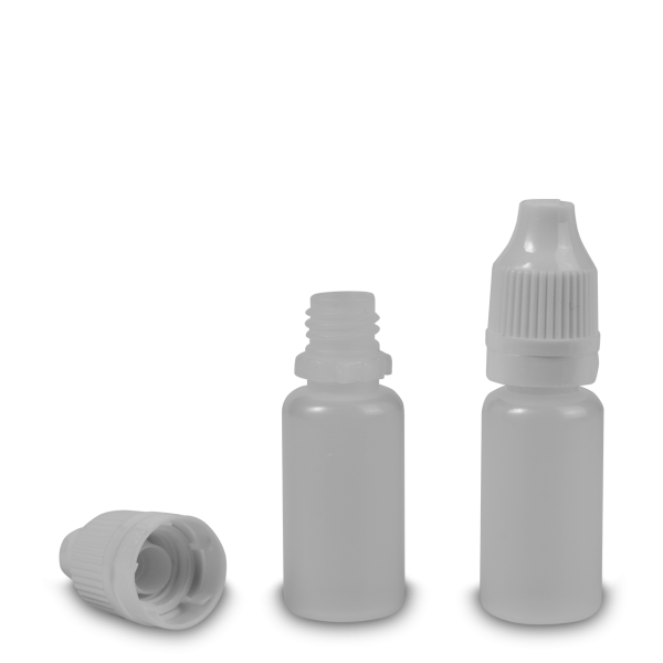 10ml Rundflasche - LDPE - natur - incl. Drück&amp;Dreh-Verschluss mit Spritzeinsatz